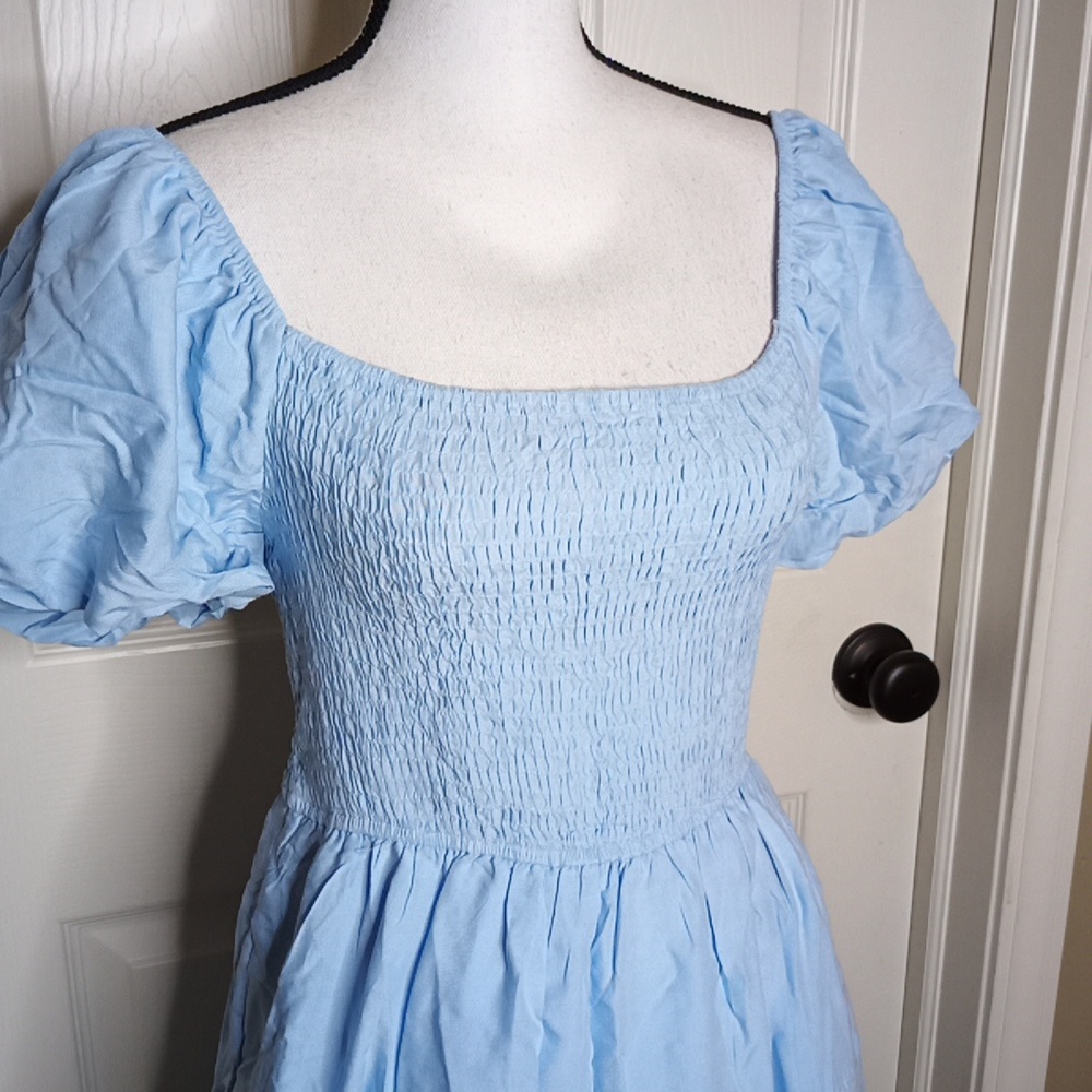 NEW Zesica Baby Blue Dress Short Puff Sleeves Sz. S Ruched Chest - Picture 2 of 6
